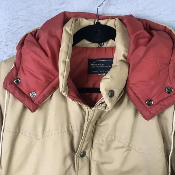 Vintage JCPenney Parka Jacket Mens MT Beige Insulated Hooded Winter 70s